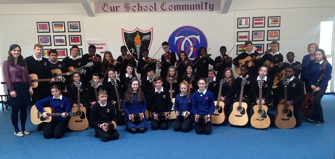 Teachers Ms Tuohy and Ms McDonagh pictured with students at the Music Generation launch.