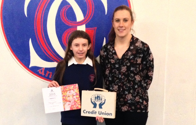 Téide Ní Nualláin from Second Year, with her art teacher Ms Ní Lochlainn, after winning first prize in the 11-13 years category of the art competition organised by St Francis Credit Union.